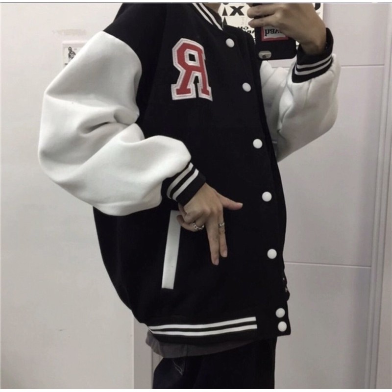 [Có clip áo] Áo bomber- Áo bóng chày màu xanh ngọc- đen trắng chữ R shop jum.closet | BigBuy360 - bigbuy360.vn