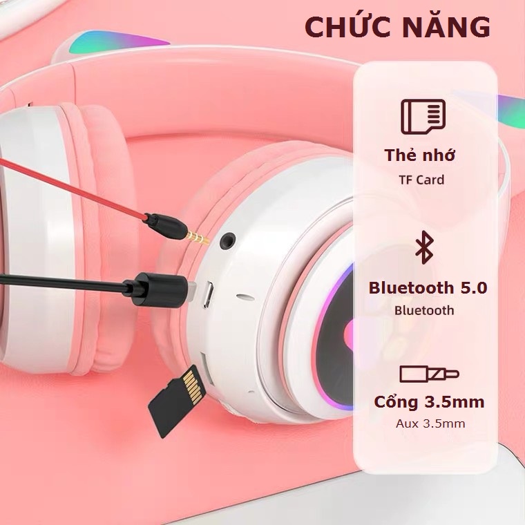 Tai nghe bluetooth B39 tai mèo Headphone chụp tai có mid đèn led đổi màu âm thanh chất lượng
