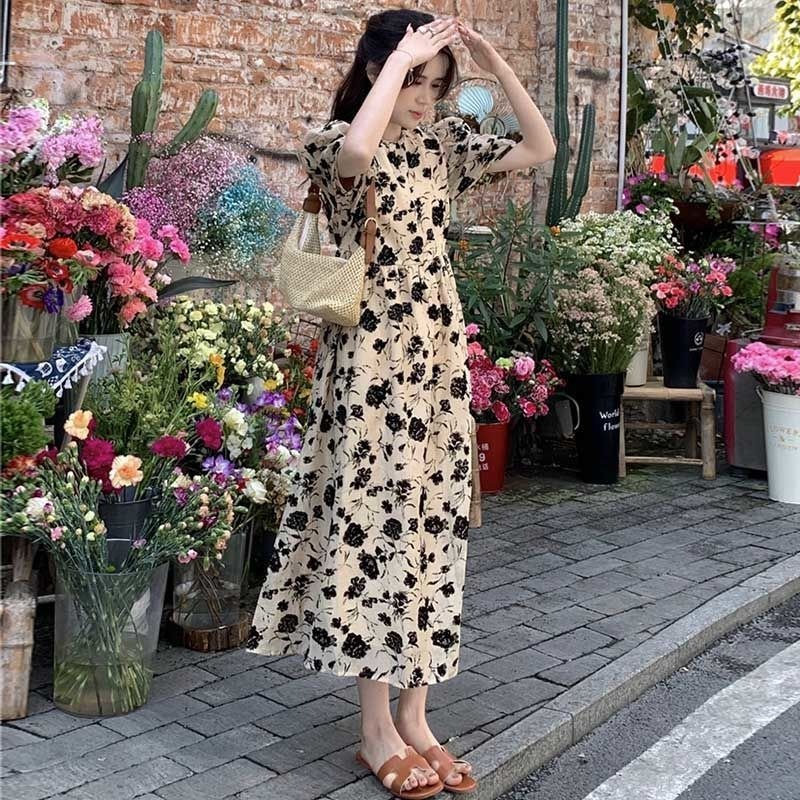 Đầm Dài Đến Gối Tay Phồng In Họa Tiết Hoa Phong Cách Retro Thời Trang Mùa Hè Mới