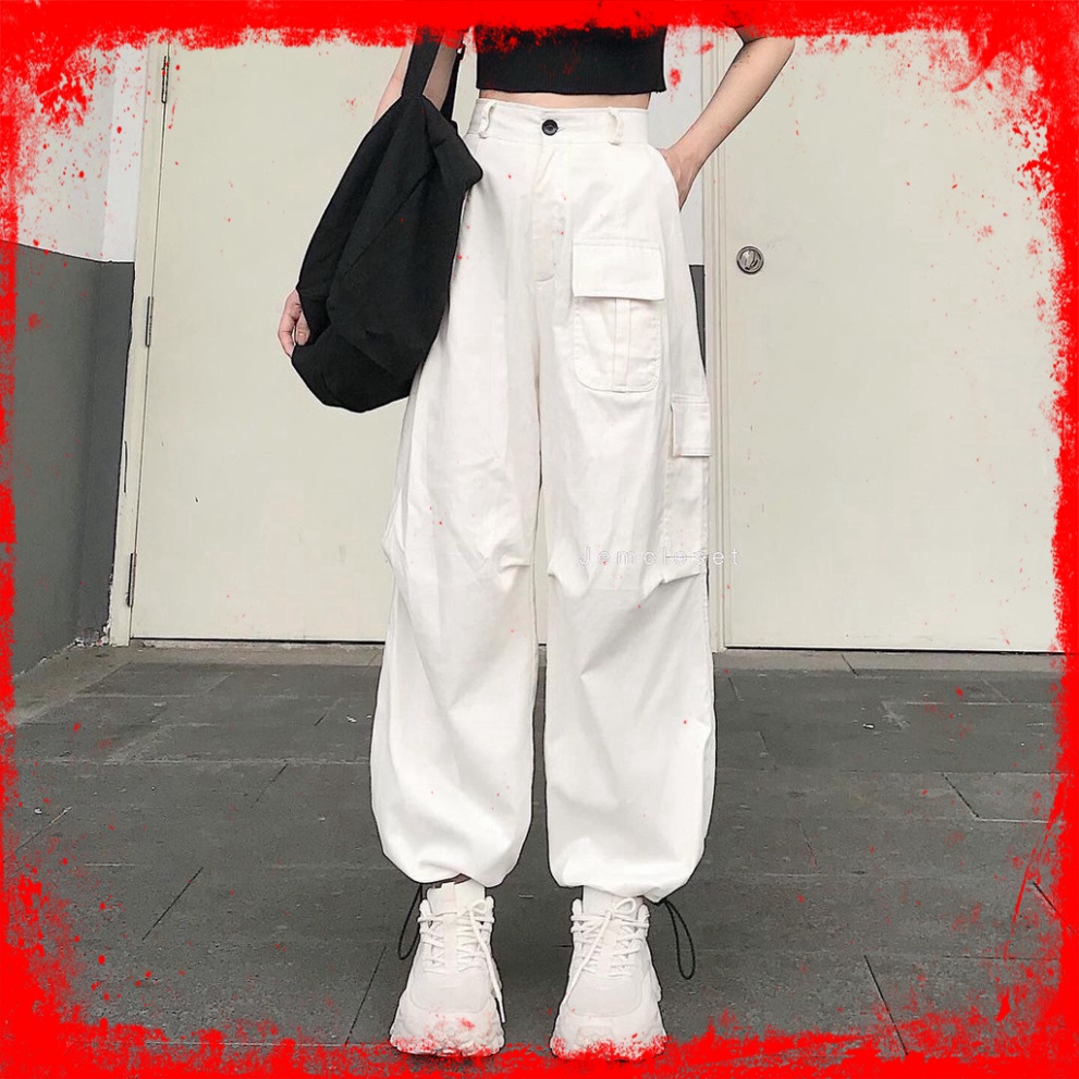 Quần Nữ Đẹp ❤ Quần Jogger Dây Rút Túi Hộp Aseon - Quần Baggy Kaki Trắng Mặc 2 Hot Suông Bo Khoá Kéo Cúc Cài Box Pant