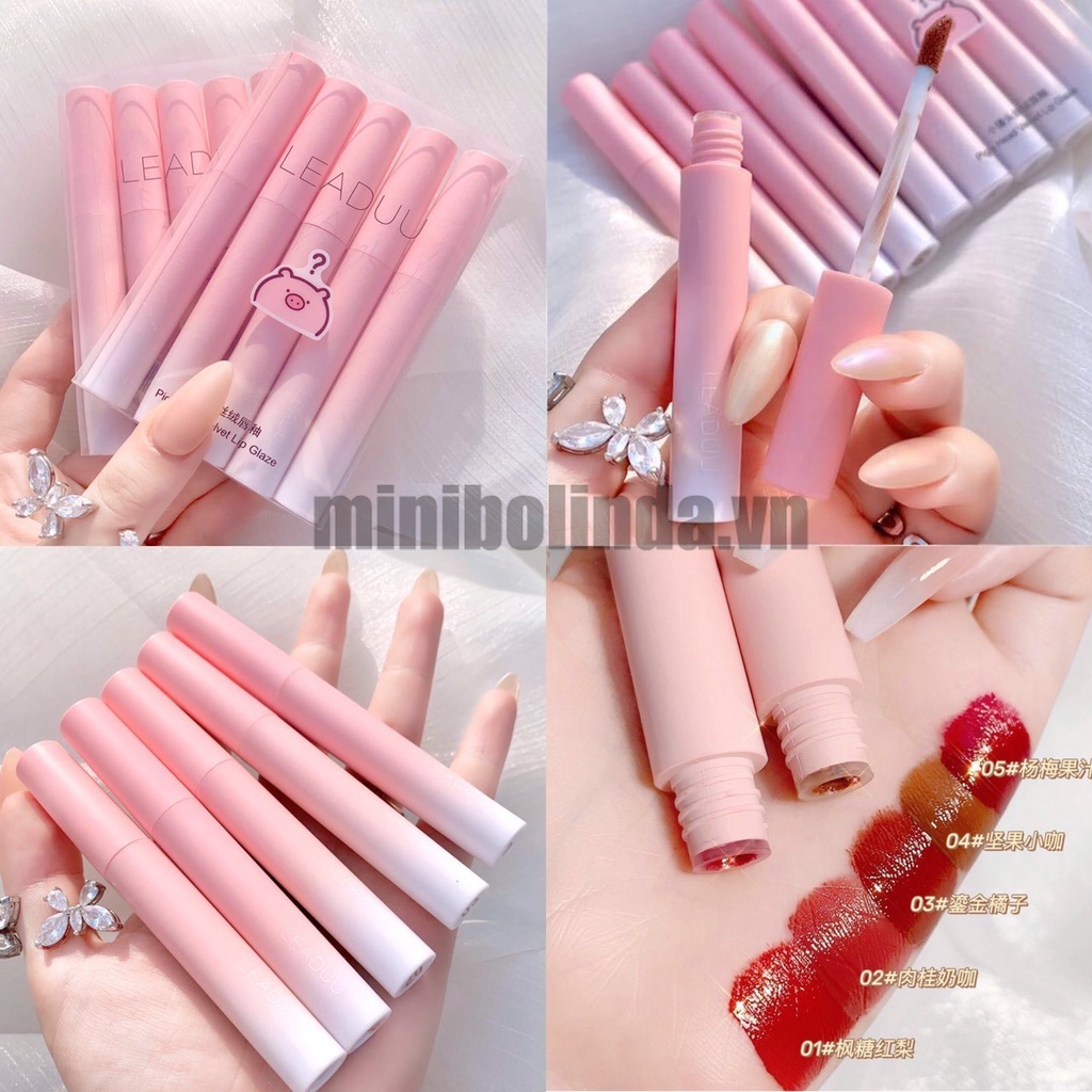 Set 5 thỏi son kem lì Leaduu nội địa Trung màu hồng hình chú lợn chống nước không dính cốc