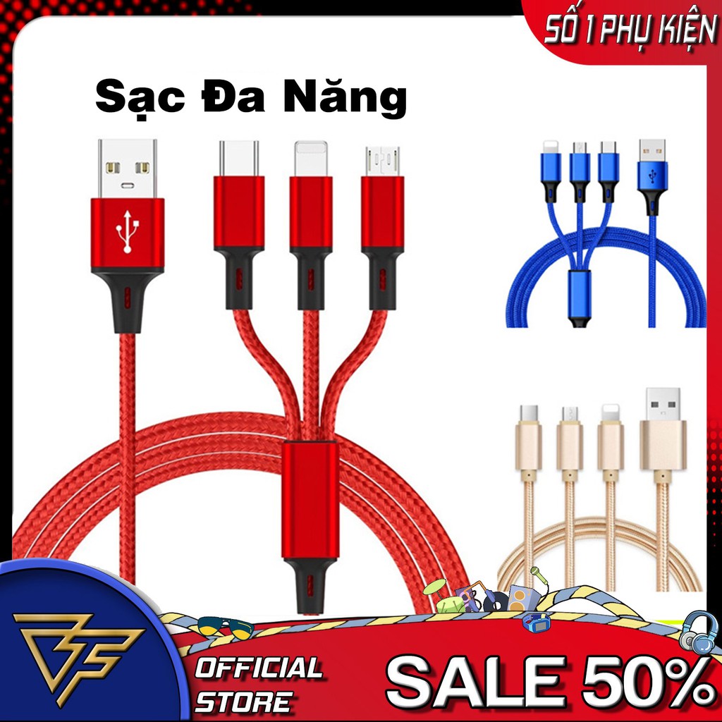 Cáp Sạc 3 Đầu - Sạc Dài 1m2 - Chất Liệu Vải Dù Chắc Chắn Chống Gập - Đầu Sạc Đa Năng -Siêu Bền-Tương Thích Các Dòng Máy