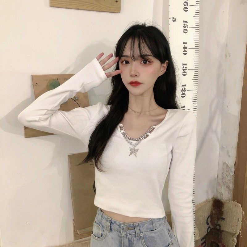 Áo Thun Ngắn Tay Dài Màu Đen Phối Dây Xích Phong Cách Hàn Quốc Cho Nữ