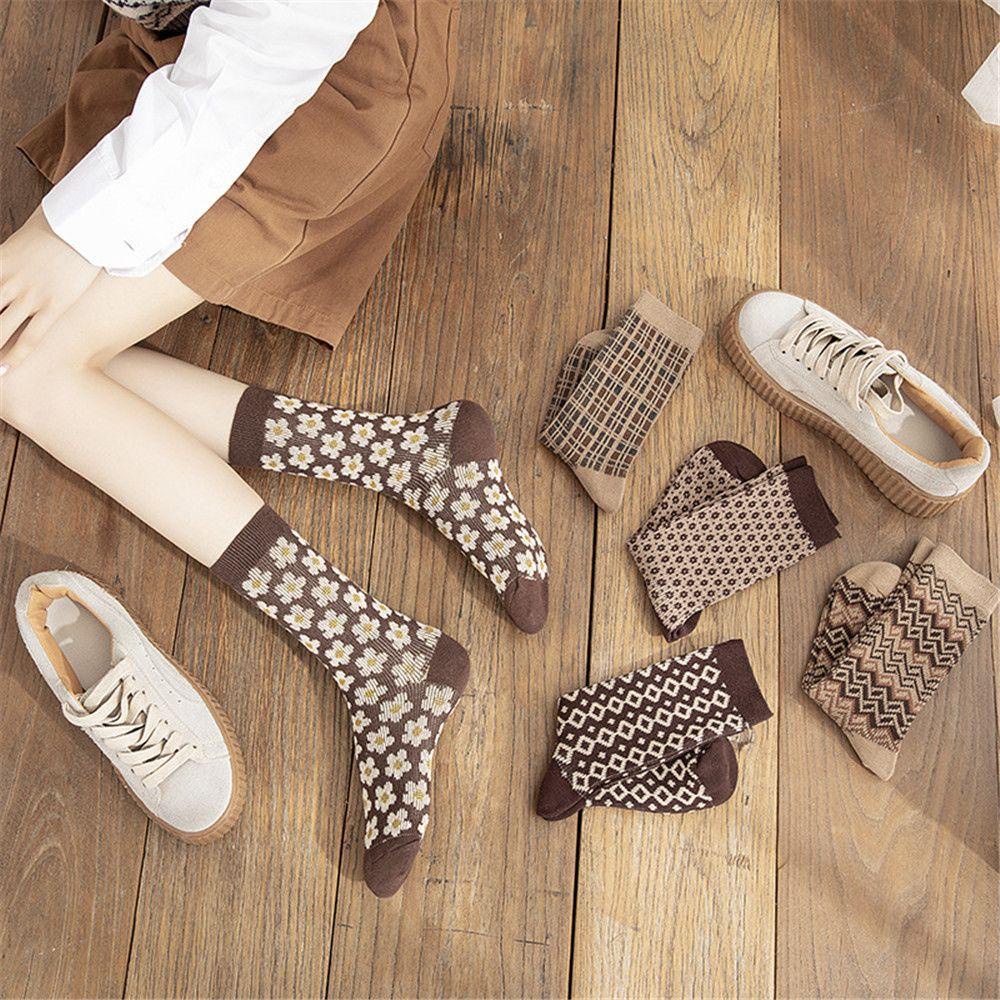 Set 5 Đôi Tất Dệt Kim Chất Liệu Cotton Thoải Mái Thời Trang Cho Nữ