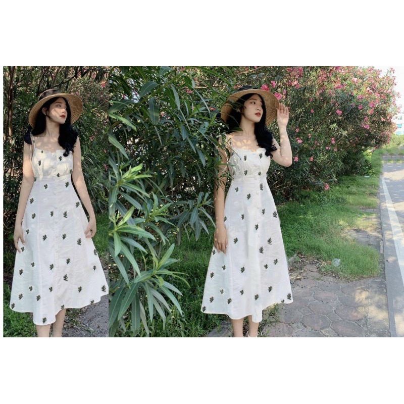 [ BAO ĐẸP] đầm midi trắng + nude hai dây nút bọc⚡HÀNG SẴN ⚡CÓ CLIP HÌNH THẶT DSMD1100 | BigBuy360 - bigbuy360.vn