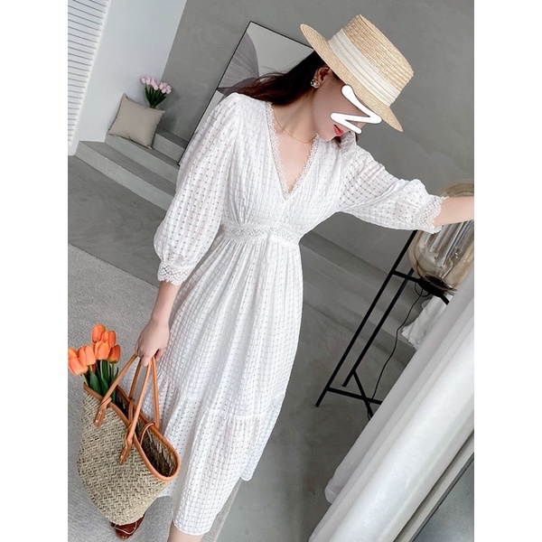 ĐẦM MIDI TRẮNG CỔ V REN Ô NHÍ TAY LỠ BO
