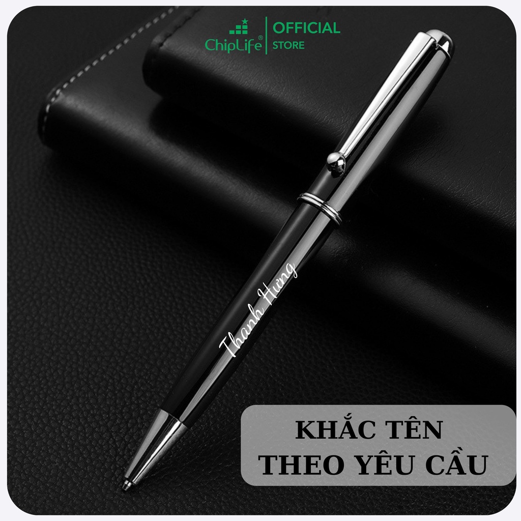 Bút ký doanh nhân cao cấp cài bi CHIPLFE PX012 khắc tên - Đen viền bạc ngòi 0.7mm mực xanh