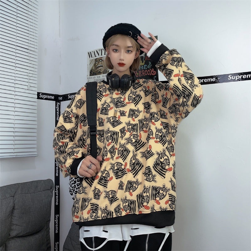 ZHELIHANGFEI Áo Thun Sweater Tay Dài Dáng Rộng In Họa Tiết Ngựa Vằn Cá Tính