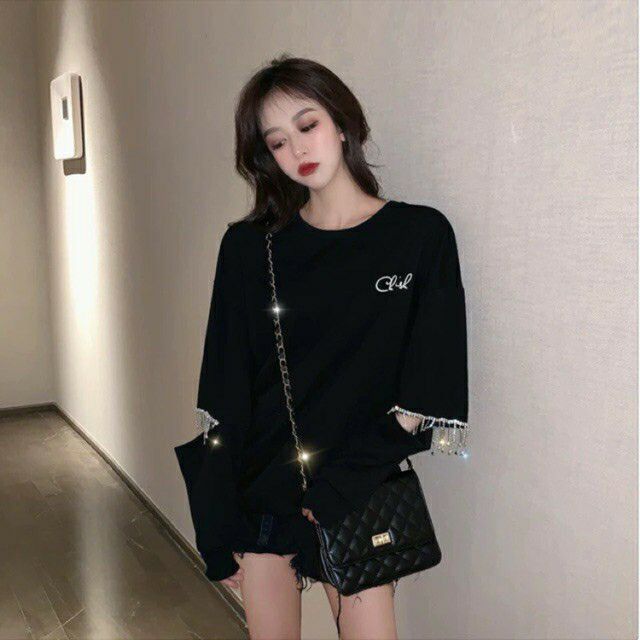 ✨Áo hoodie nữ ống tay xẻ đính đá tua rua lấp lánh cực đẹp