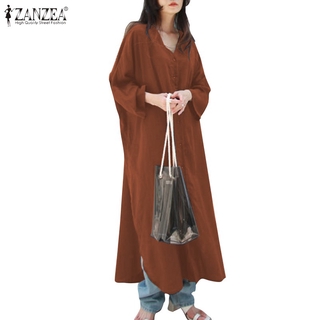 Đầm ZANZEA Tay Dài Dáng Dài Rộng Cổ Chữ V Phong Cách Hàn Quốc Thời Trang