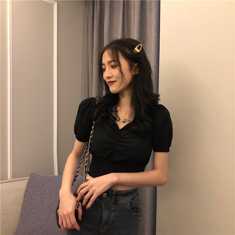 SUXI Áo nữ tay ngắn màu trơn phong cách retro Hàn Quốc