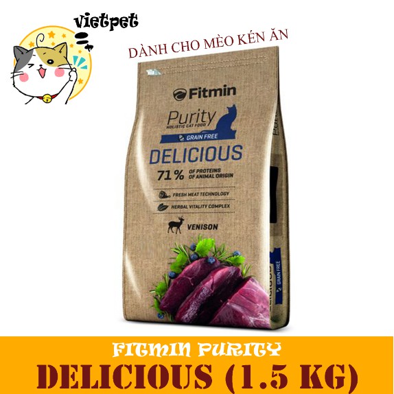 [TẶNG XÚC XÍCH] Thức Ăn Cho Mèo Hạt Khô - Fitmin Purity DELICIOUS (1.5 kg) - Grain Free - Làm từ thịt Nai tươi