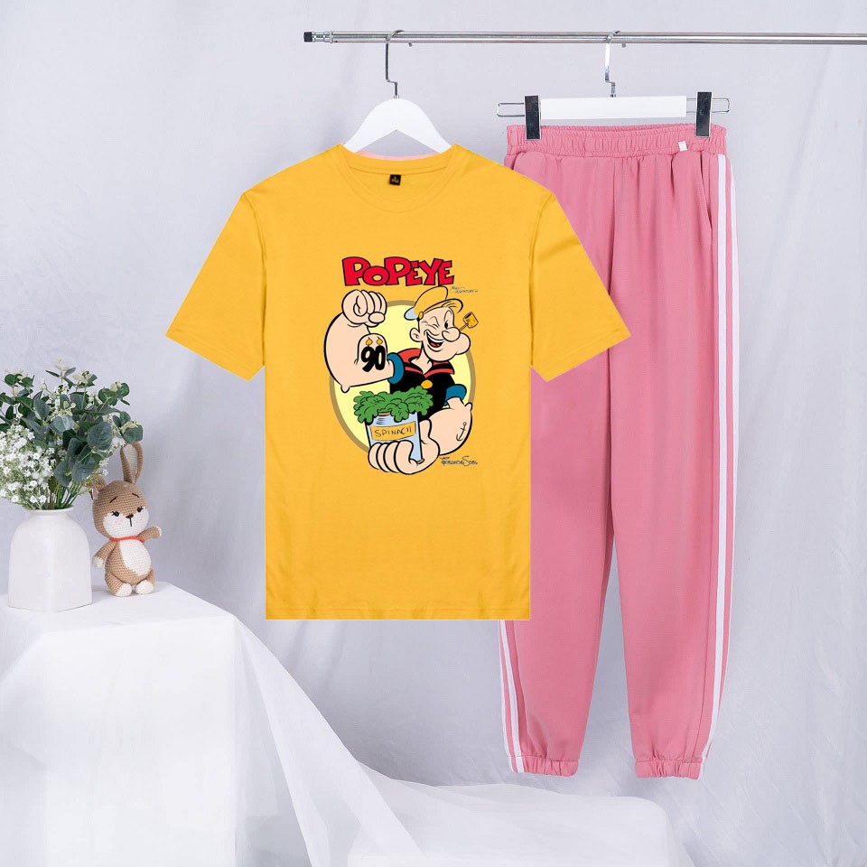 Sét Bộ Quần Áo Ulzzang Mùa Hè Nữ Mặc Đi Chơi Xinh Cute, Áo Phông Cotton Ngắn Tay In 3D PoPeye Mix Quần Thun Bo Gấu