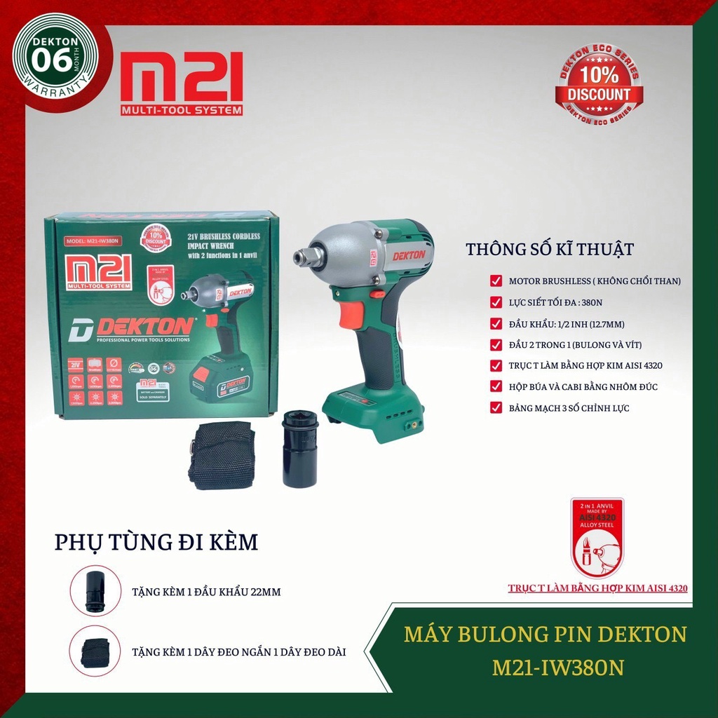 Thân Máy Siết Bulong Dekton 2in1 pin 380N.m / M21-IW380N / Motor Brushless / Chân Pin Phổ Thông Makita.