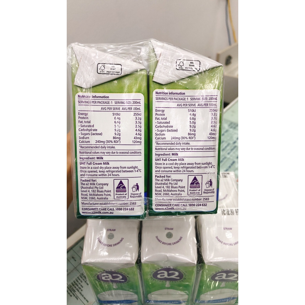 Log 6 hộp sữa tươi tiệt trung a2 nguyên kem không đường 200ml - Úc