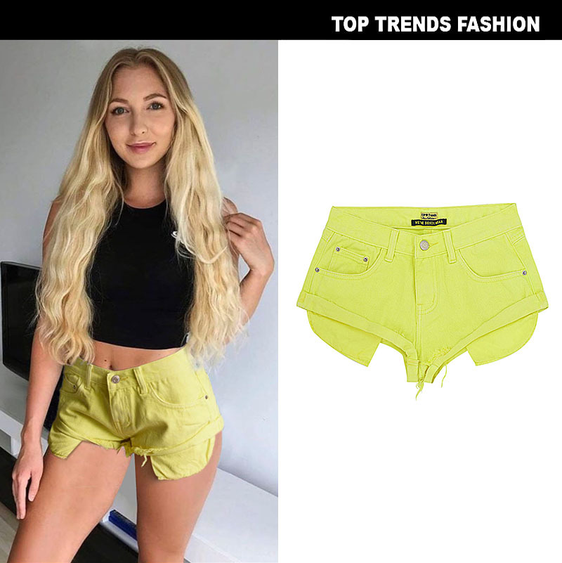 DUNEA Quần đùi denim lưng thấp không co giãn thiết kế viền cuộn gợi cảm cho nữ