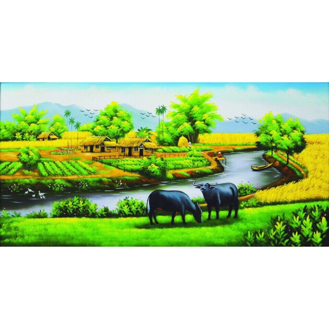 Tranh đính đá-Làng Quê-cánh đồng lúa và Trâu>chưa đính