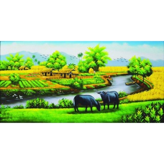Tranh đính đá-Làng Quê-cánh đồng lúa và Trâu>chưa đính