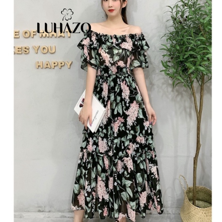 Váy hoa nhí trễ vai Váy hoa nhí trễ vai LUHAZO  maxi đi biển bèo dáng dài trắng chun eo xoè kiểu Hàn Quốc LUHAZO DK7T102