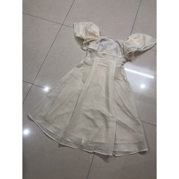 HC178- đầm voan tơ màu nude phối ren ngực tay loe đi tiệc