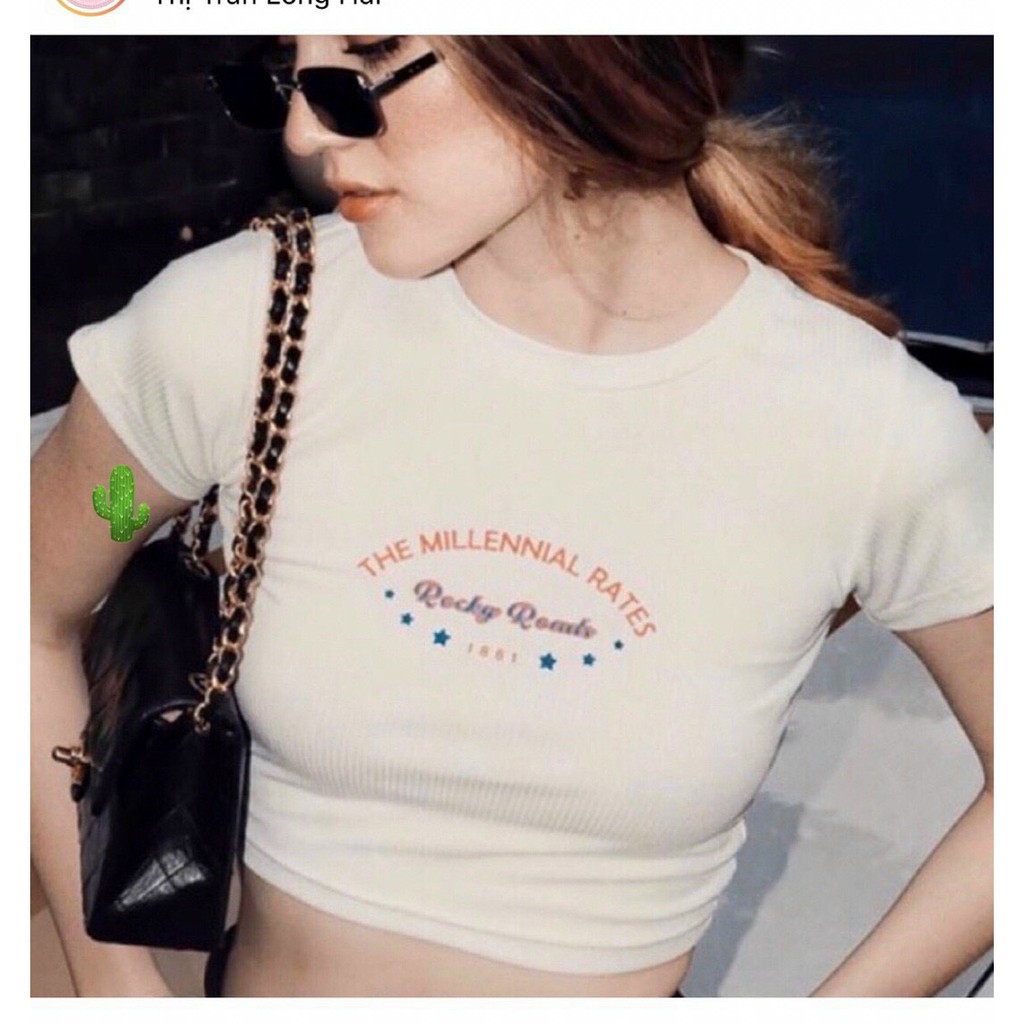 Áo thun borip ôm body trắng in Recky croptop tay ngắn ôm eo siêu đẹp