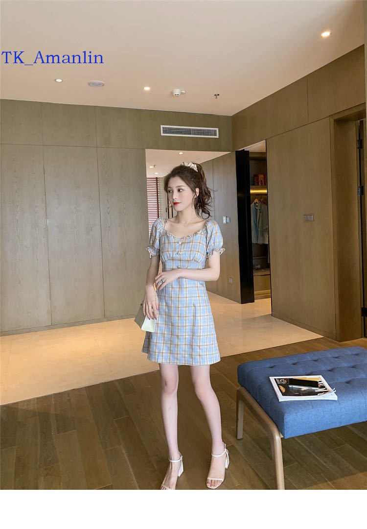 【TK】Slim skirt plaid dress waist dress small V-neck French dress retro shoulder slim plaid dress summer temperament skirt waist slim A-line skirt girls wear