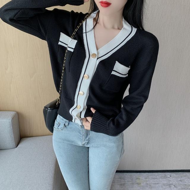 Áo Sweater Dáng Rộng Cổ Chữ V Màu Sắc Tương Phản Phong Cách Hàn Quốc Cho Nữ  tao bao