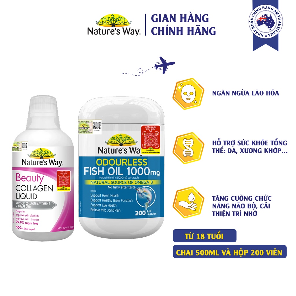 Combo Làm Đẹp Beauty Collagen Liquid, Odourless Fish Oil NATURE'S WAY Hỗ Trợ Thị Lực, Giảm Lão Hóa, Tăng Độ Đàn Hồi Da