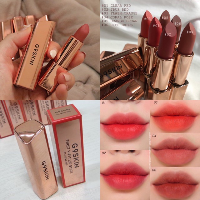 Son thỏi G9SKIN / G9 Skin FIRST V-FIT LIPSTICK vỏ vàng màu 01 02 03 04 05 06 07 08
