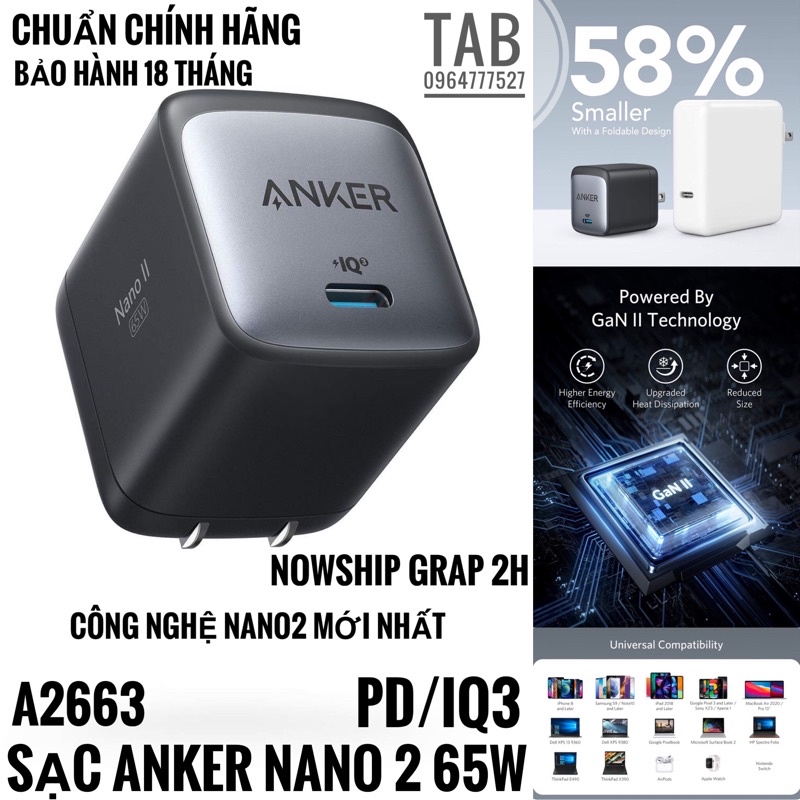 [Mã 267ELSALE hoàn 7% đơn 300K] Củ Sạc Anker NANO 2 65w IQ 3.0 - A2663 (Bảo Hành 18T)