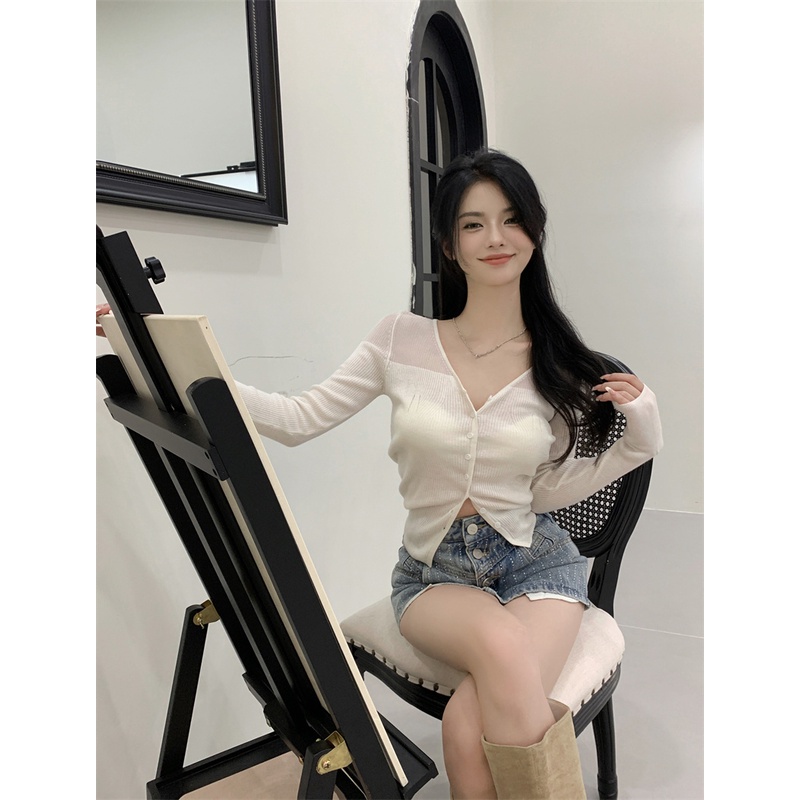 Áo dài tay dệt kim cardigan hot girl mỏng phần hơi trong suốt khâu cổ chữ V