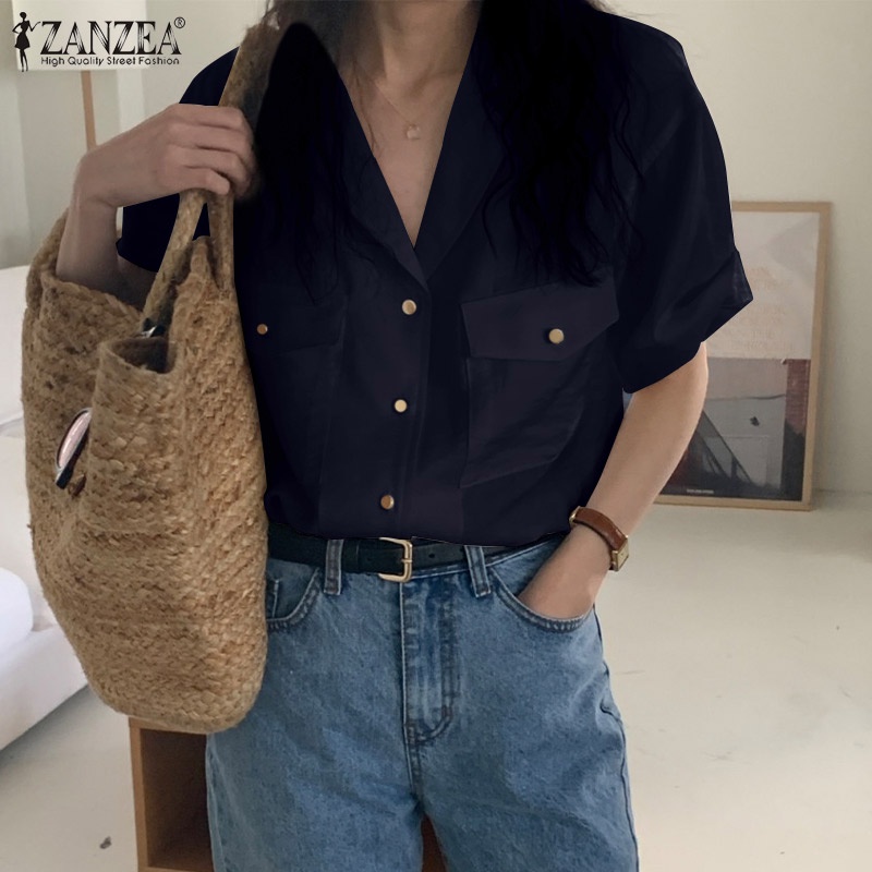 Áo sơ mi tay lửng ZANZEA dáng rộng cài nút thời trang dành cho nữ