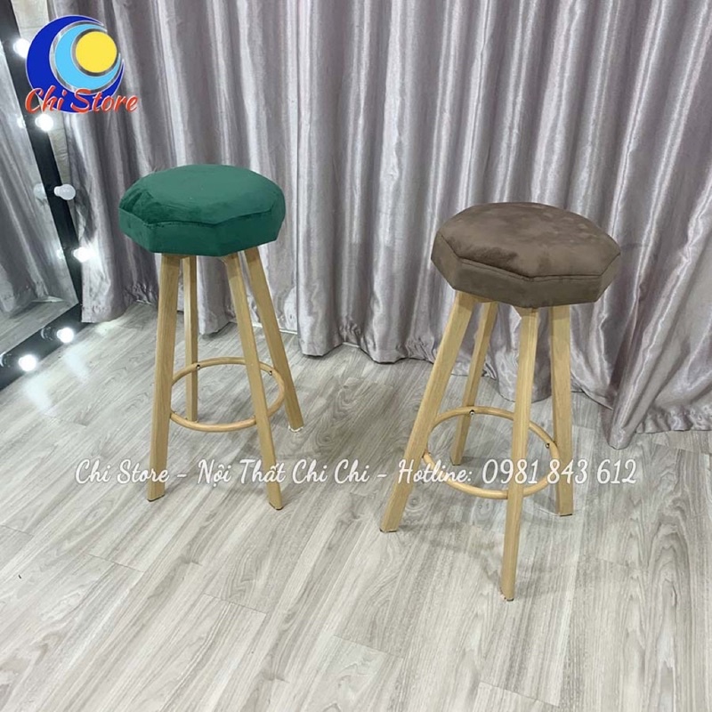 Ghế Quầy Bar, Makeup, Ghế Trang Điểm, Chụp Hình Bọc Da Nhung Chân Giả Gỗ Cao 75cm Và Xoay 360 Độ