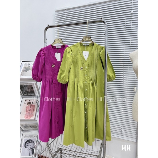 Đầm babydoll dáng dài xếp ly ngực tay phồng quảng châu