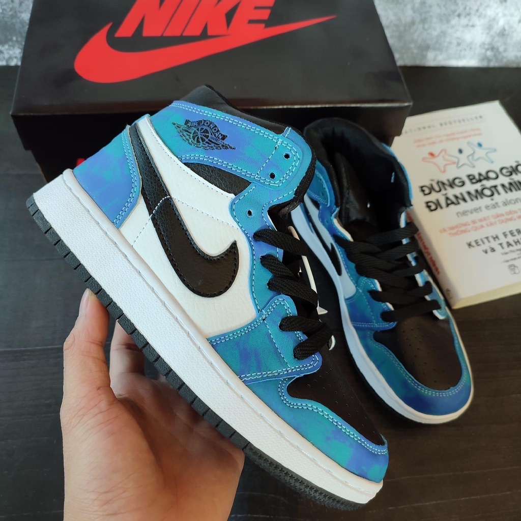 Giày thể thao Jordan xanh loang nước biển cổ cao, Giày JD1 high tie dye cao cổ nam nữ siêu hot Full Box Bily -Top1