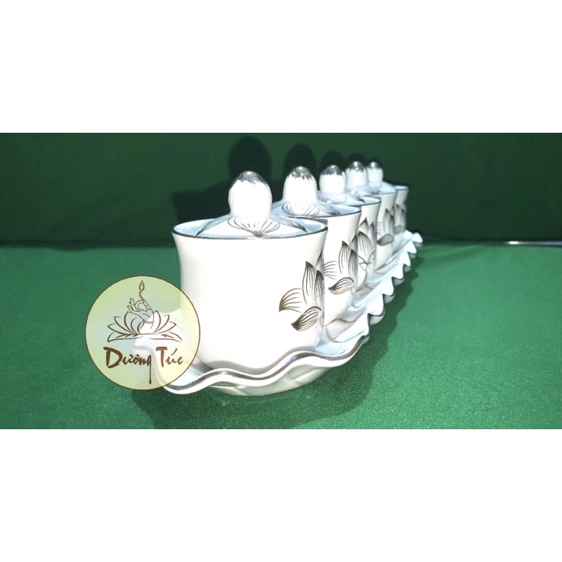 Án Năm Ly Nước Có Nắp Thờ Cúng Bạch Ngọc Sen Nổi Loại 1