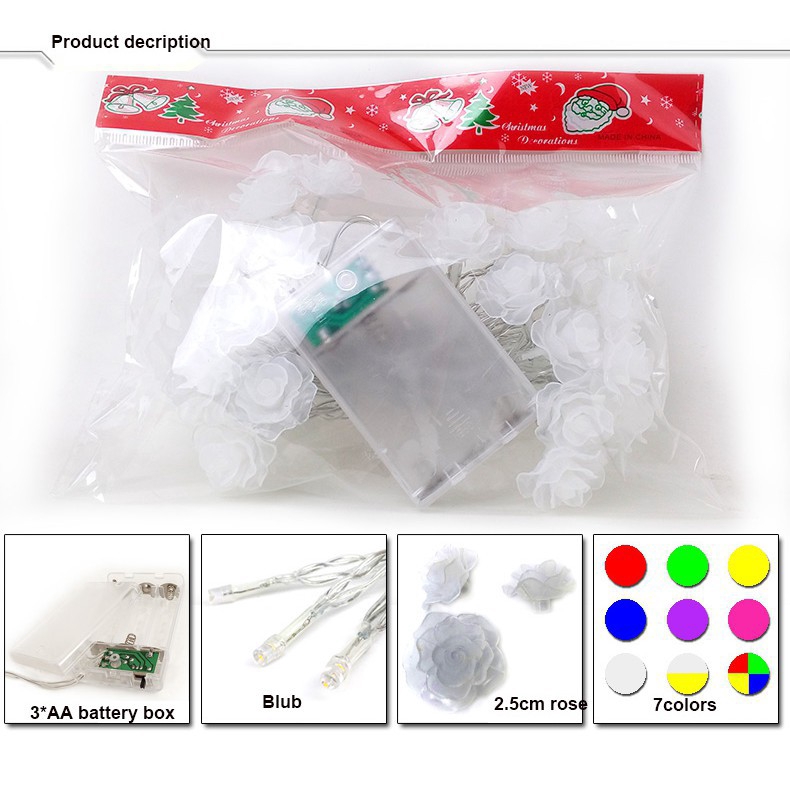 dây đèn led trang trí, hoa hồng nhựa, đèn nháy, 4 mét, cung cấp bởi pin 3AA