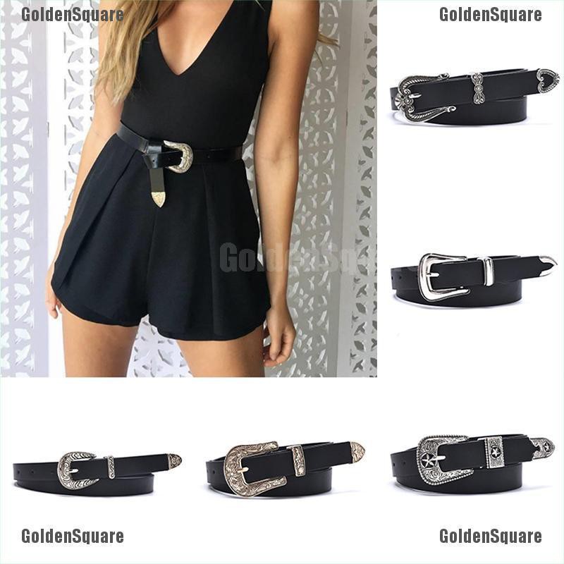 Thắt Lưng Da Màu Đen Khóa Kim Loại Khắc Hình Trái Tim Phong Cách Vintage