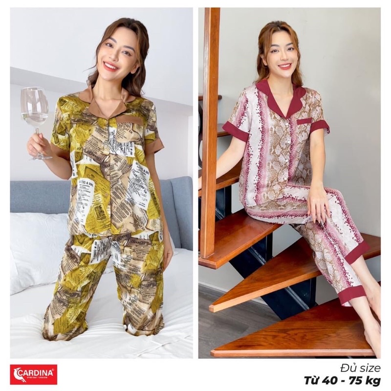 Bộ nữ pijama lụa Satin  Cardina áo ngắn tay quần dài cao cấp, hoạ tiết