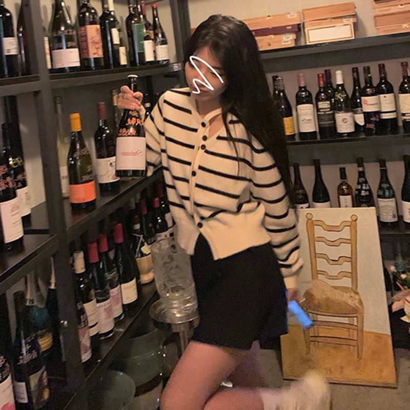 Áo cardigan ZHELIHANGFEI dệt kim tay dài lưng cao kẻ sọc thiết kế quyến rũ cá tính