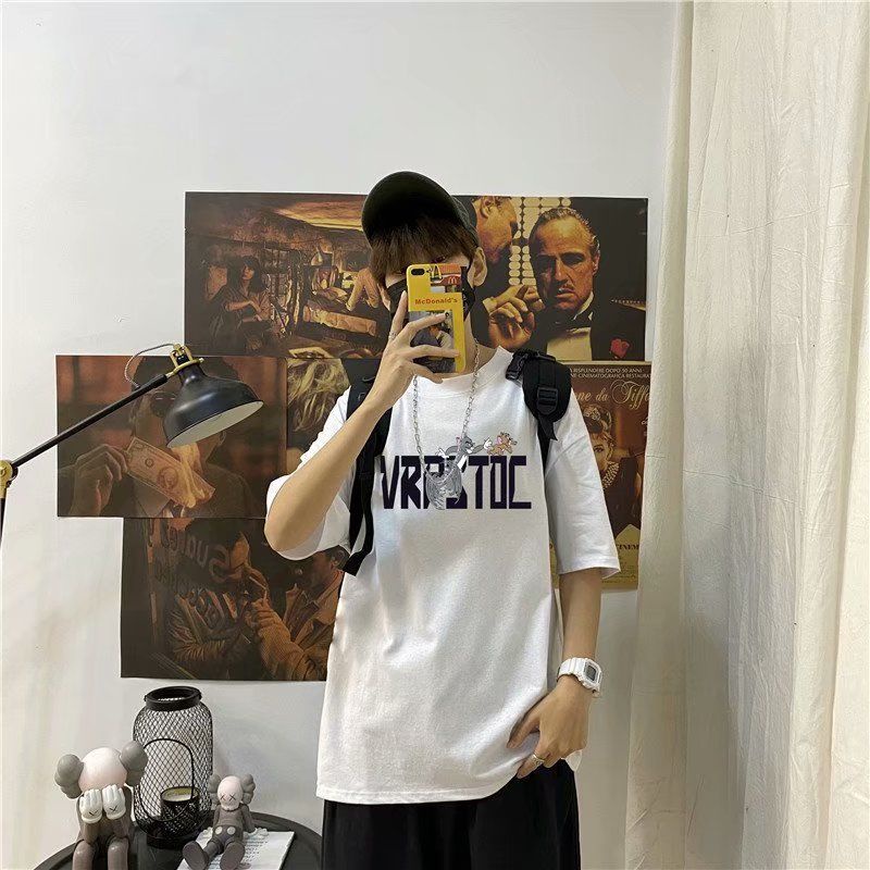Áo Thun Ngắn Tay Cổ Tròn Dáng Rộng Phong Cách Hip Hop Hàn Quốc Cá Tính Cho Nam