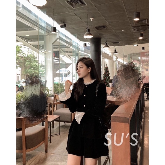 SET NHUNG ĐEN PHỐI BÈO ÁO KHOÁC DẠ CÚC NGỌC KÈM CHÂN VÁY XẾP LY SNDPBN