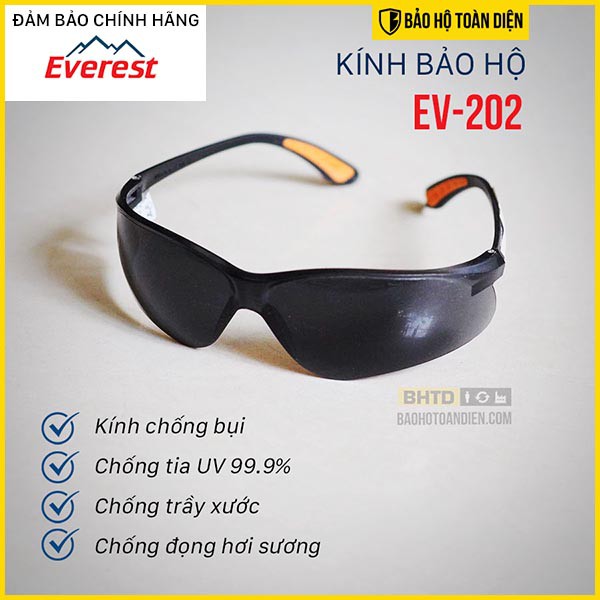 Kính bảo hộ Everest EV202. Kính bảo hộ tròng đen chạy xe chống chói, chống bụi, cản gió. Chính hãng nhập khẩu