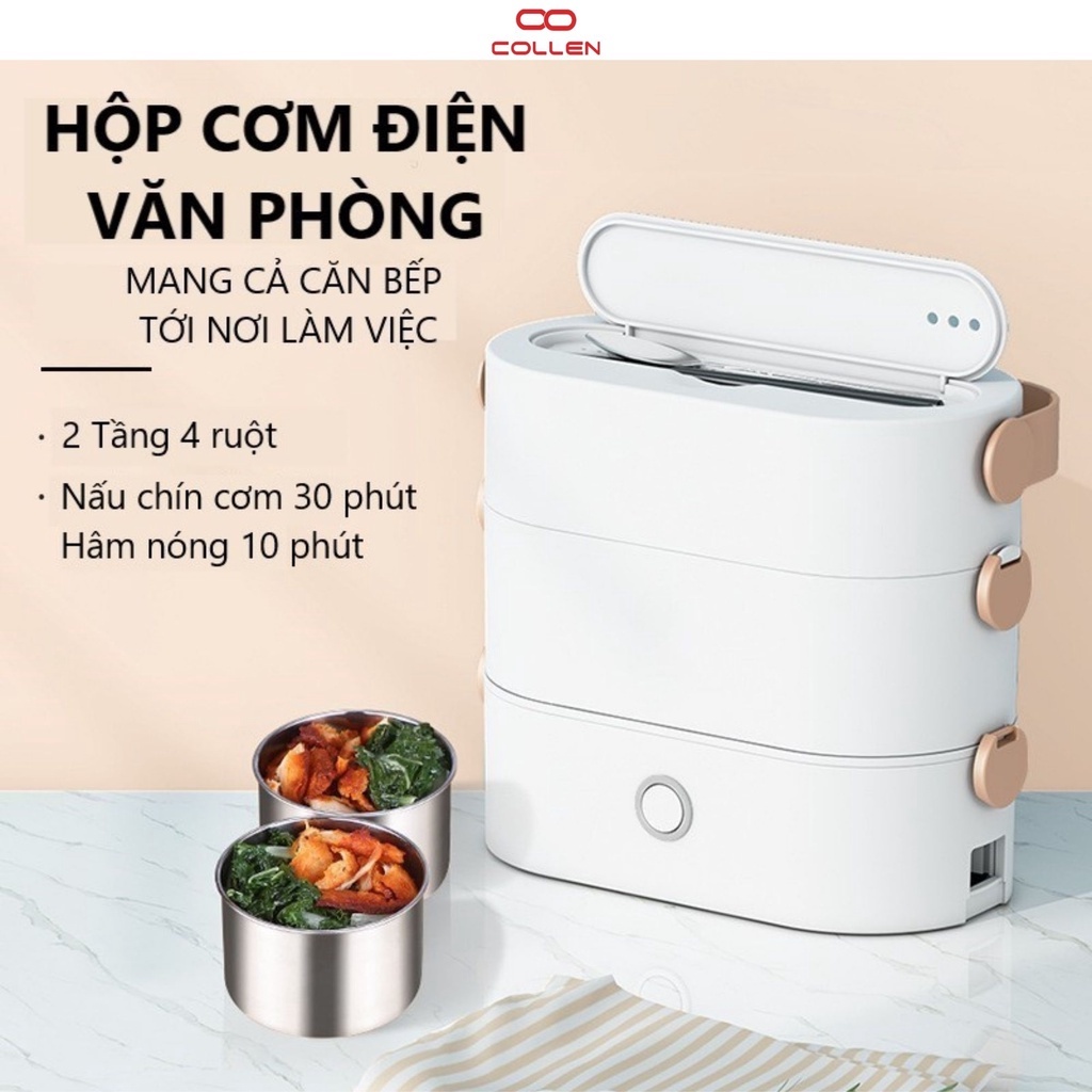 hộp cơm cắm điện văn phòng 2 tầng 4 ruột nồi inox có thể nấu ăn, giữ nhiệt, hâm nóng, hộp cơm 6in1 COLLEN LIFE