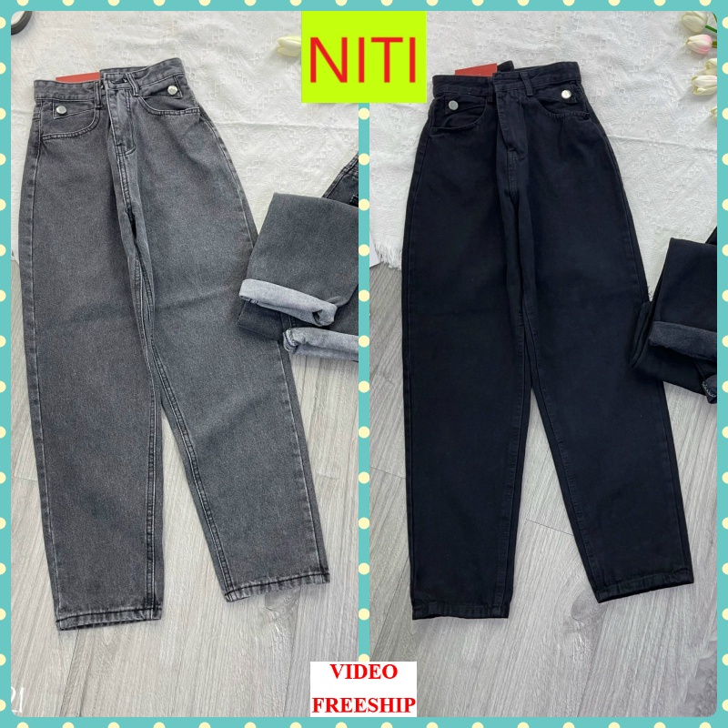 [BGHL521] QUẦN BAGGY JEANS NỮ LƯNG CAO 2 TAM GIÁC TÚI PHỐI 2 NÚT MÀU XÁM NHẠT ĐEN LAI CUỐN DÀY DẶN NITIQC