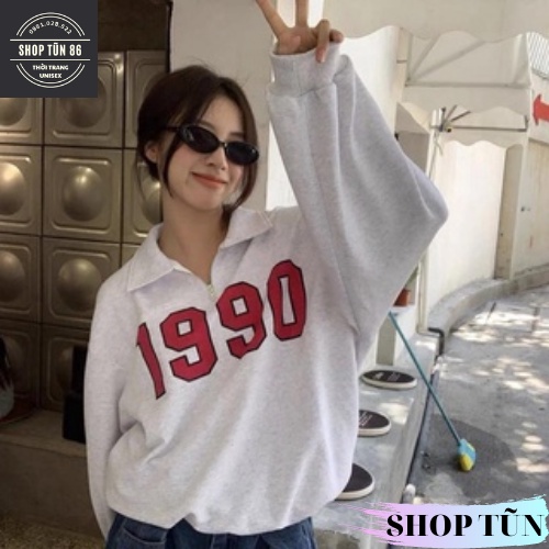 Áo sweater polo dài tay unisex dưới 80kg chất thun SHOP TŨN - Áo polo dài tay phối khóa cổ 1990