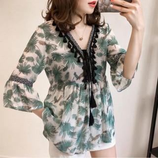 Áo sơ mi voan cổ V viền núm tua họa tiết hoa thanh lịch cho nữ ་ ྇