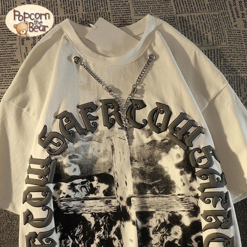 ♣Áo Thun Phong Cách Mỹ Cá Tính♣Áo Thun Tay Ngắn Dáng Rộng In Hình Chữ Thập/Gấu Phong Cách Hip Hop Đường Phố Dành Cho Nam