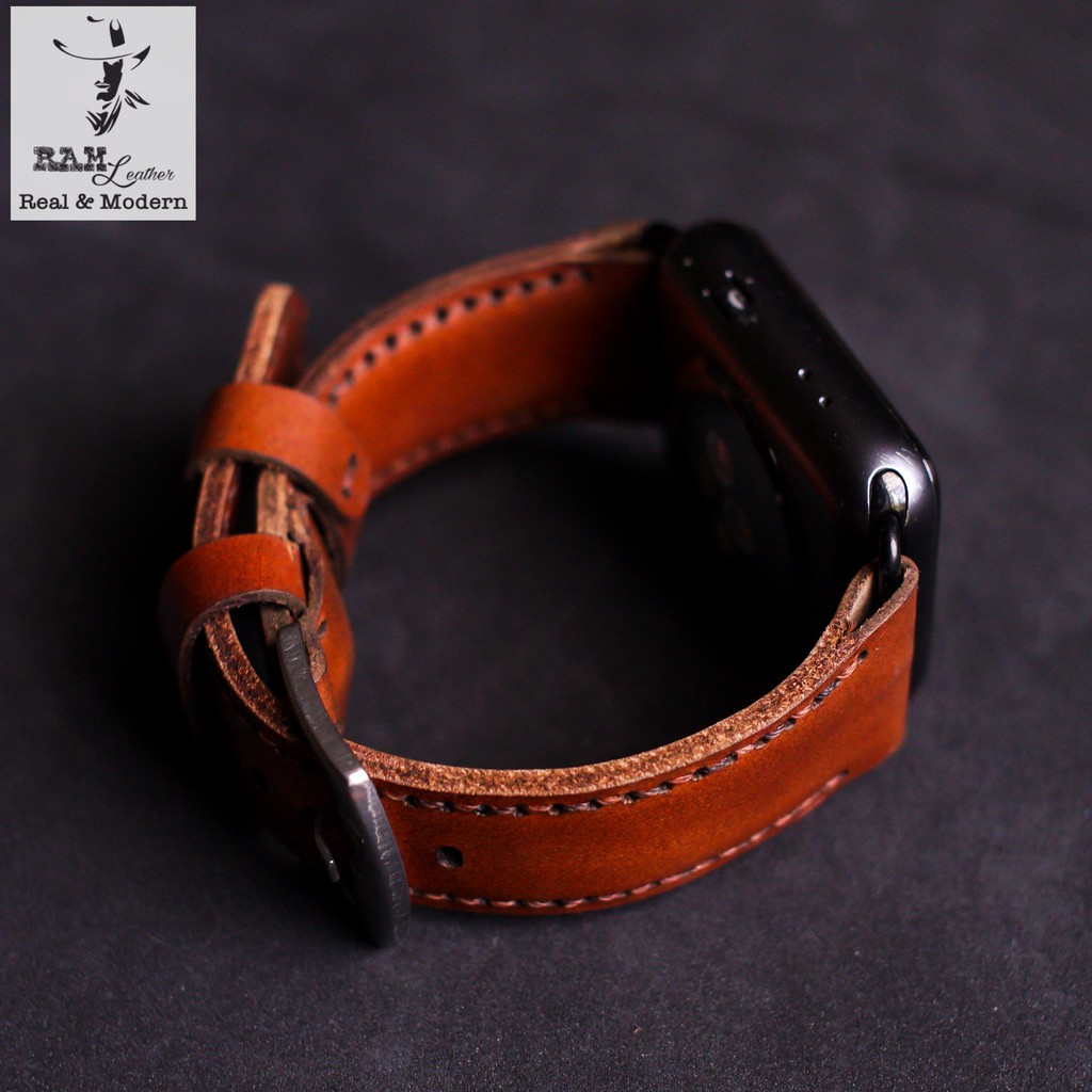 Dây apple watch da bò thật nâu đỏ handmade bền chắc cực đẹp RAM Leather bauhaus 1980 - tặng khóa chốt và adapter