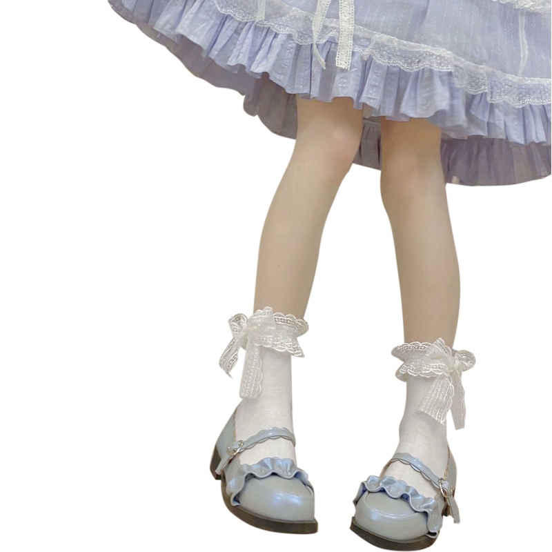 Xiangbao Vớ Cao Đến Đầu Gối Phối Ren Ruy Băng Nơ Ruy Băng Ngọt Ngào Hóa Trang Lolita Cho Nữ